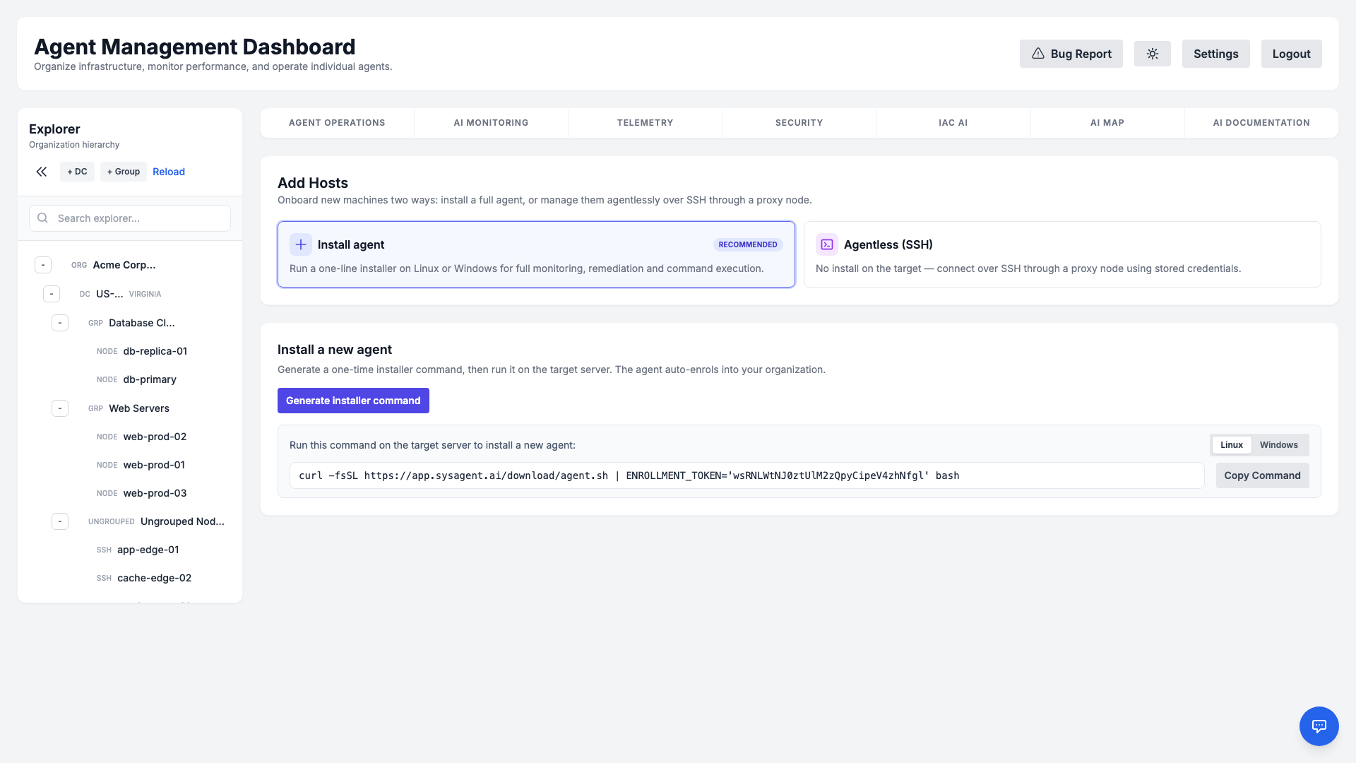 The Add Hosts onboarding view with the Install agent and Agentless (SSH) method chooser and a ready-to-run installer command