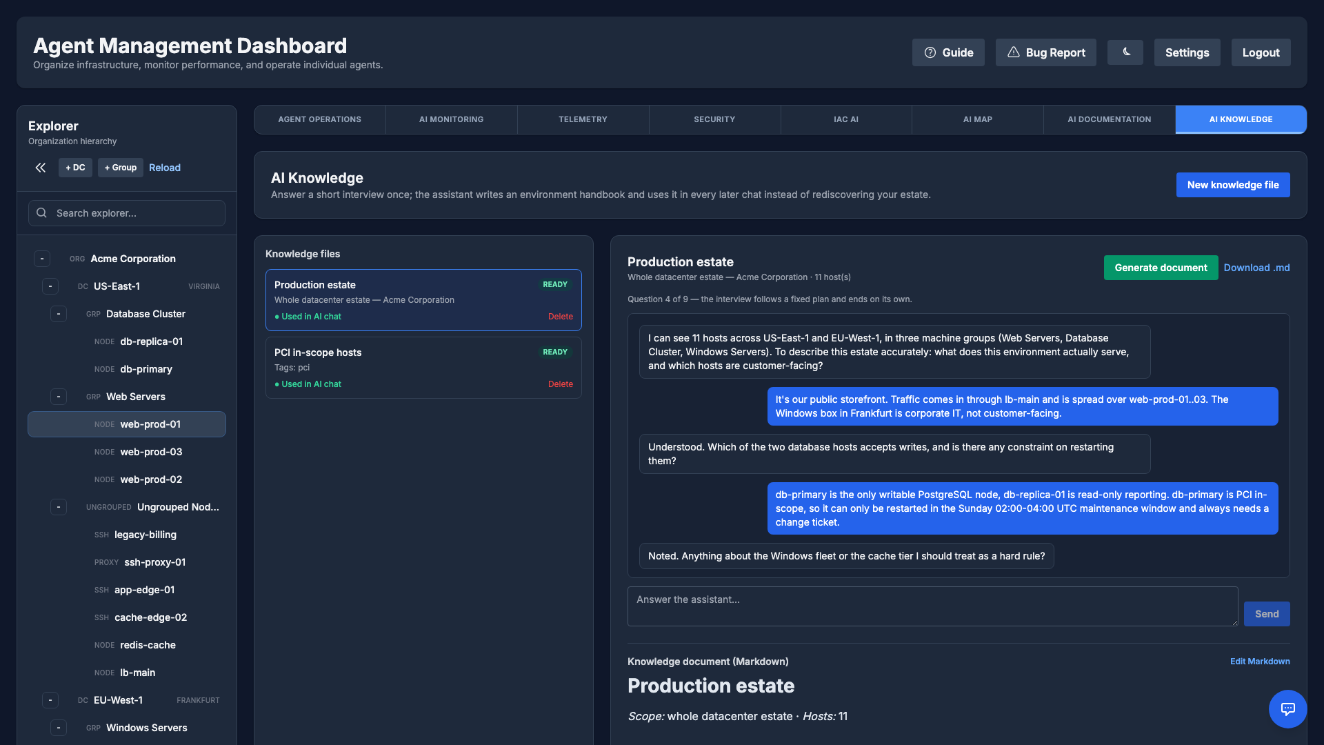 The AI Knowledge view: the list of knowledge files beside the interview chat and the generated document