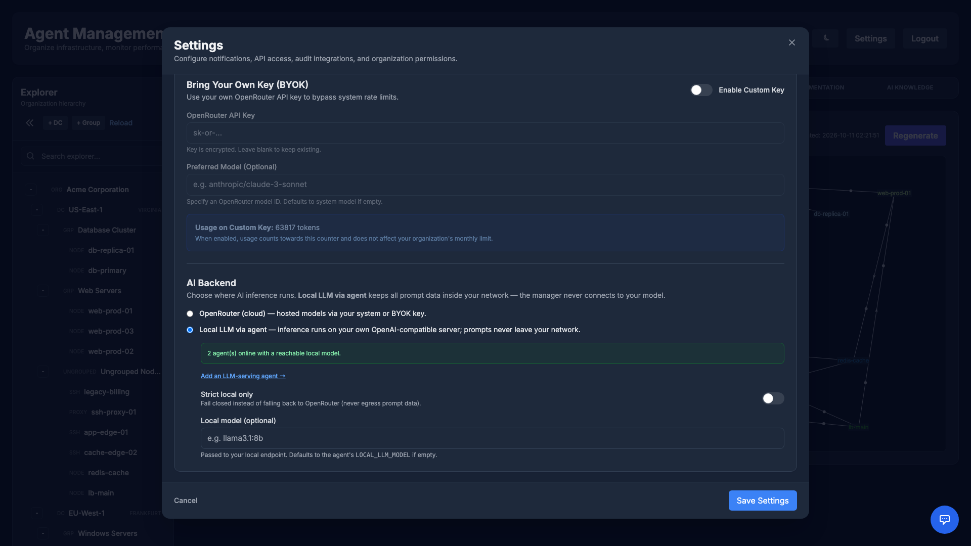 Settings, Plan tab: the AI Backend chooser with Local LLM via agent selected and agents reporting a reachable local model