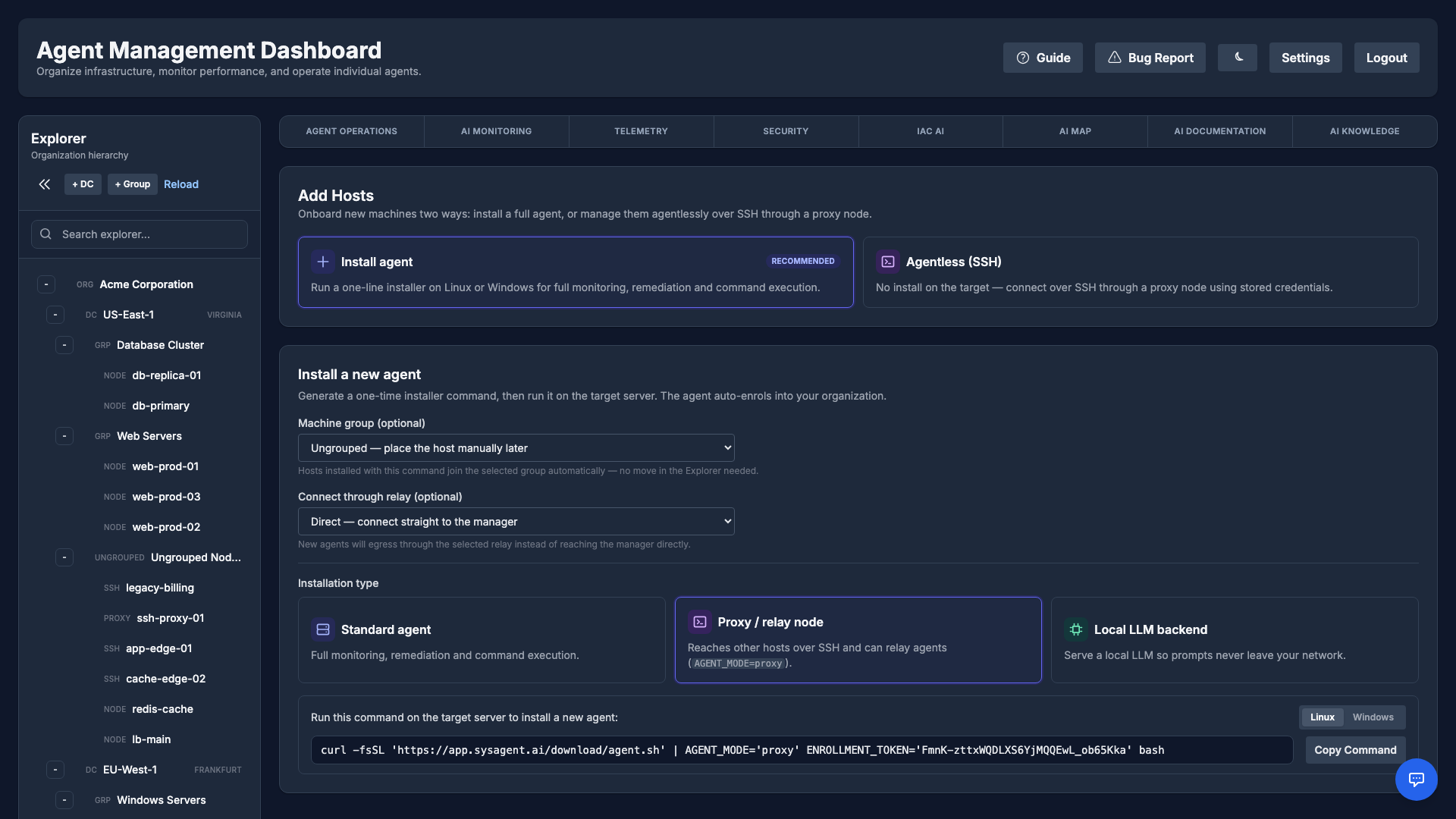 Install a new agent: the Installation type chooser with Proxy / relay node selected and a Connect through relay selector